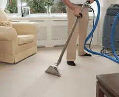 Carpet cleaning professional removing dirt and stains with a hot-water extraction tool in a home, South Bend, IN.