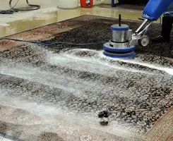 Professional rug cleaning with a rotary floor machine and shampoo foam, deep-cleaning an area rug, in South Bend, IN.